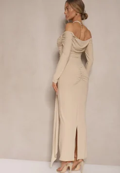 Beżowa Marszczona Sukienka o Dopasowanym Kroju z Trenem i Rozcięciem Aluilea