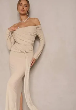 Beżowa Marszczona Sukienka o Dopasowanym Kroju z Trenem i Rozcięciem Aluilea