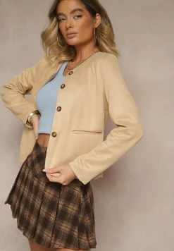 Beżowa Marynarka Bez Klap z Imitacji Zamszu Enalar