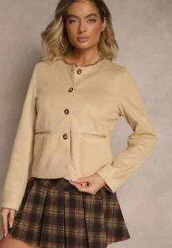 Beżowa Marynarka Bez Klap z Imitacji Zamszu Enalar