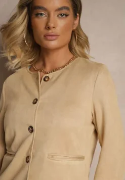 Beżowa Marynarka Bez Klap z Imitacji Zamszu Enalar