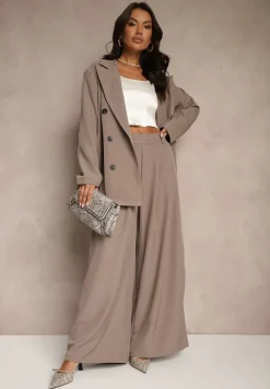 Beżowa Marynarka Dwurzędowa o Przedłużonym Fasonie Pilinne