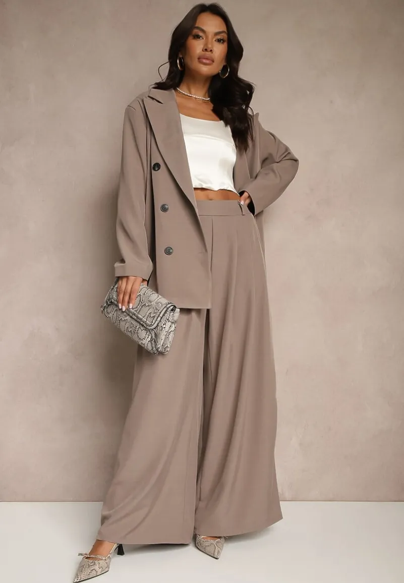 Beżowa Marynarka Dwurzędowa o Przedłużonym Fasonie Pilinne