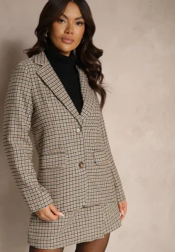 Beżowa Marynarka Jednorzędowa z Wiskozą Ozdobiona Kieszeniami i Kratą Ninnelle