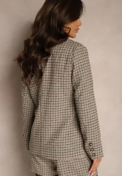 Beżowa Marynarka Jednorzędowa z Wiskozą Ozdobiona Kieszeniami i Kratą Ninnelle