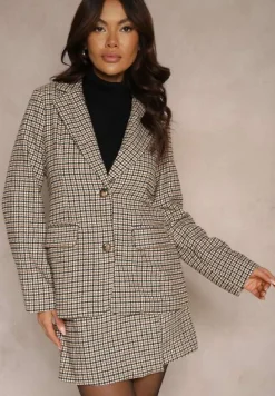 Beżowa Marynarka Jednorzędowa z Wiskozą Ozdobiona Kieszeniami i Kratą Ninnelle