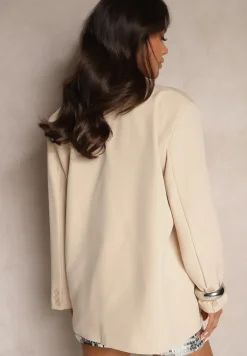 Beżowa Marynarka Jednorzędowa z Poduszkami w Ramionach Hanivora