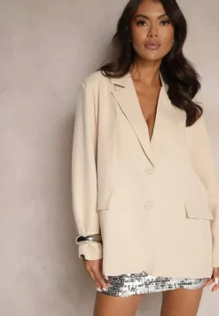 Beżowa Marynarka Jednorzędowa z Poduszkami w Ramionach Hanivora