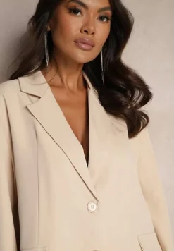 Beżowa Marynarka Jednorzędowa z Poduszkami w Ramionach Hanivora