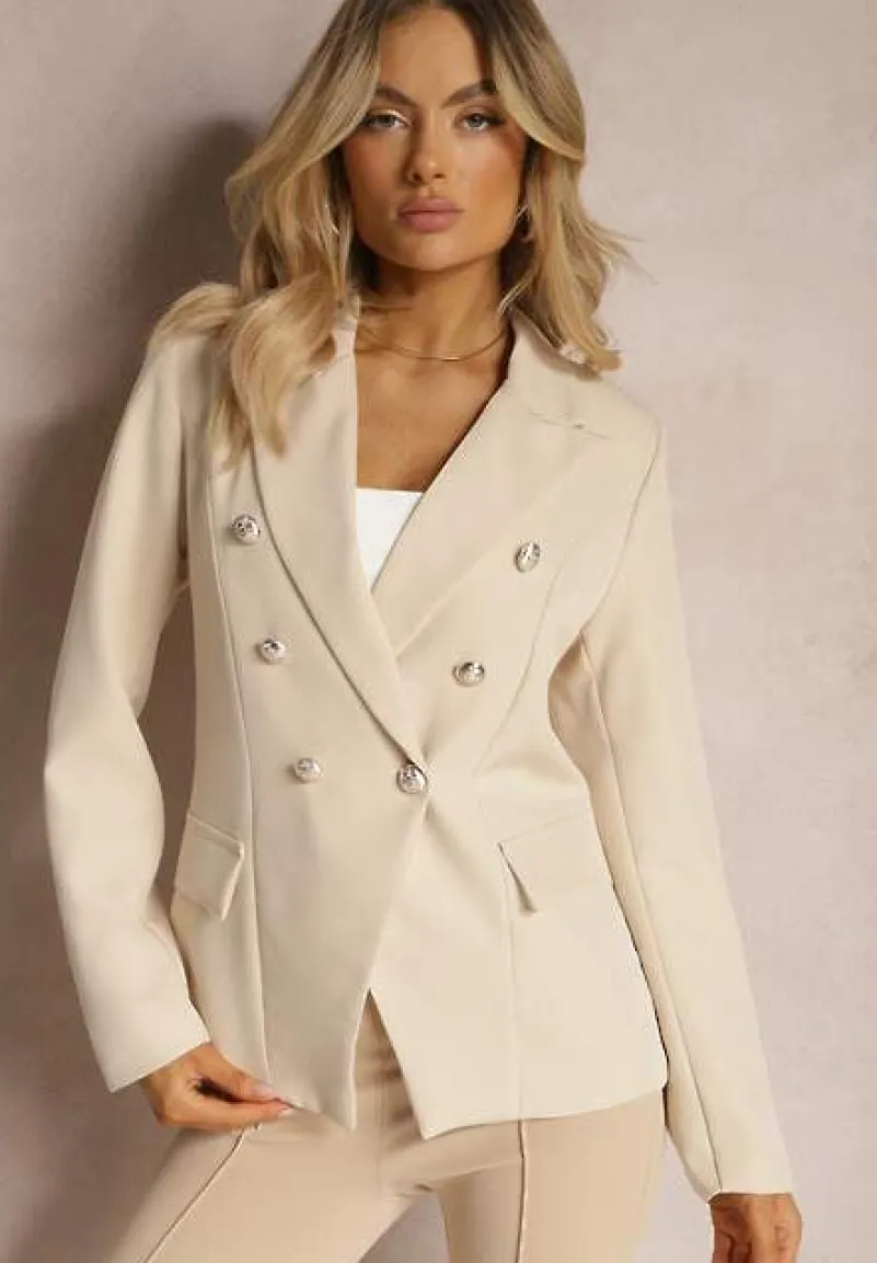 Beżowa Marynarka na Guziki z Poduszkami w Ramionach Ilysane