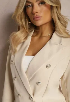 Beżowa Marynarka na Guziki z Poduszkami w Ramionach Ilysane