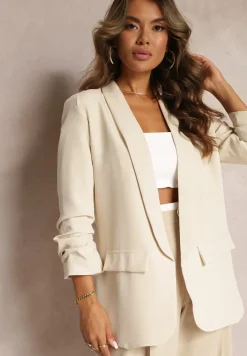 Beżowa Marynarka Niezapinana z Marszczonymi Rękawami Orolea