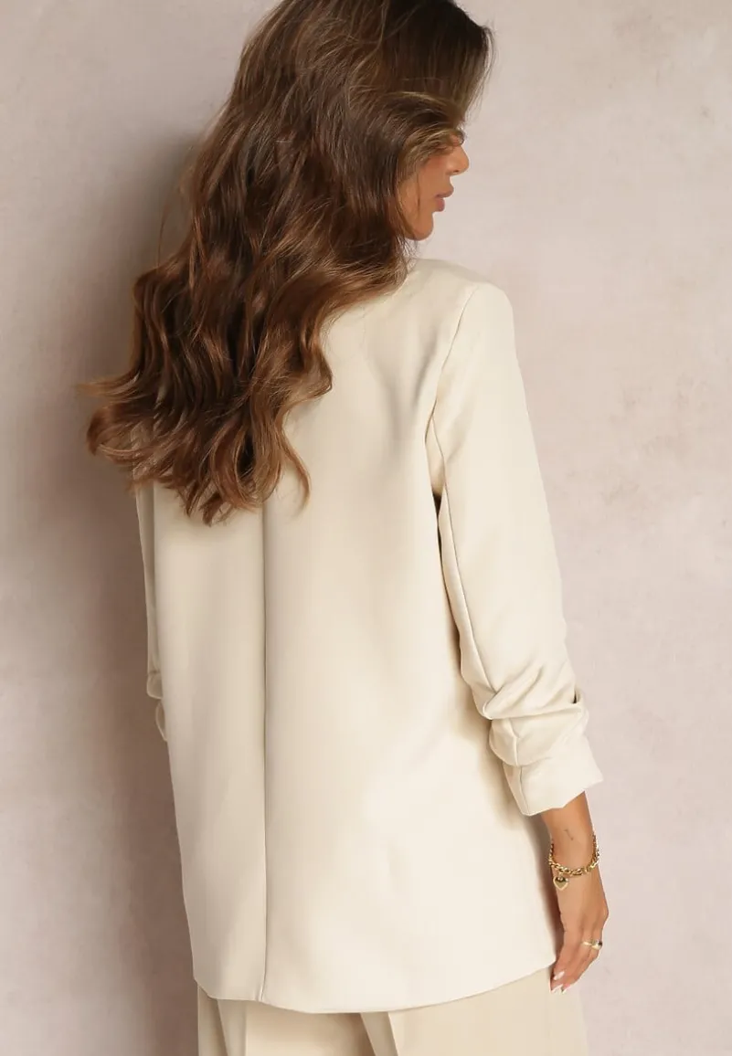 Beżowa Marynarka Niezapinana z Marszczonymi Rękawami Orolea