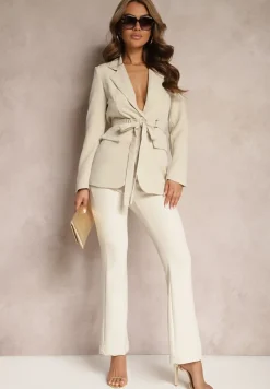 Beżowa Marynarka o Jednorzędowym Fasonie z Dwoma Ozdobnymi Paskami Anellana