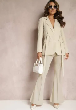 Beżowa Marynarka o Jednorzędowym Fasonie z Dwoma Ozdobnymi Paskami Anellana