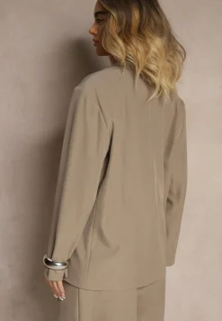 Beżowa Marynarka o Pudełkowym Kroju Usztywnionymi Ramionami Sonarieta