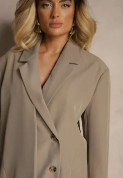 Beżowa Marynarka o Pudełkowym Kroju Usztywnionymi Ramionami Sonarieta