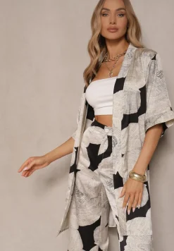 Beżowa Marynarka Satynowa Narzutka z Wiskozą w Kwiaty Ozdobiona Wiązaniem Halannia