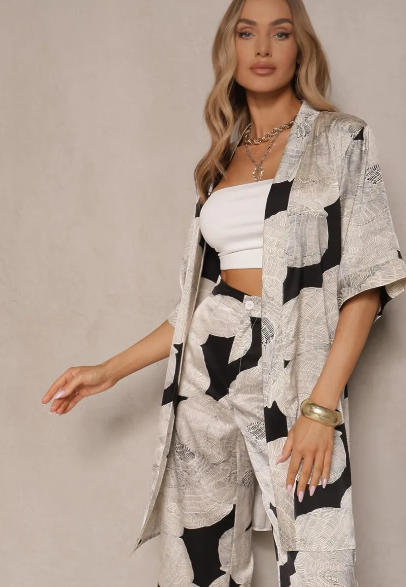 Beżowa Marynarka Satynowa Narzutka z Wiskozą w Kwiaty Ozdobiona Wiązaniem Halannia