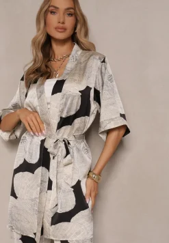 Beżowa Marynarka Satynowa Narzutka z Wiskozą w Kwiaty Ozdobiona Wiązaniem Halannia