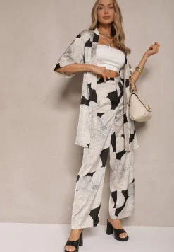 Beżowa Marynarka Satynowa Narzutka z Wiskozą w Kwiaty Ozdobiona Wiązaniem Halannia