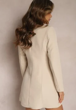 Beżowa Marynarka Sukienka z Aplikacjami 3D w Kształcie Kwiatów i Zapięciem na Guziki Lorira