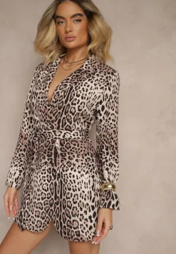 Beżowa Marynarka w Panterkowy Wzór Bez Zapięć z Paskiem i Poduszkami na Ramionach Etanwen