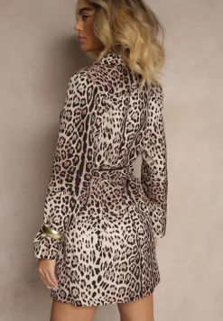 Beżowa Marynarka w Panterkowy Wzór Bez Zapięć z Paskiem i Poduszkami na Ramionach Etanwen