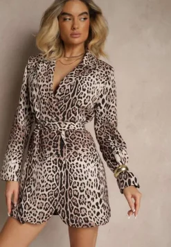 Beżowa Marynarka w Panterkowy Wzór Bez Zapięć z Paskiem i Poduszkami na Ramionach Etanwen