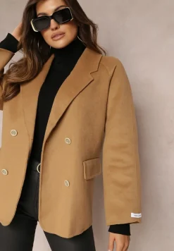 Beżowa Marynarka Wełniana o Dwurzędowym Fasonie Hand Made Dellia