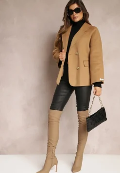 Beżowa Marynarka Wełniana o Dwurzędowym Fasonie Hand Made Dellia