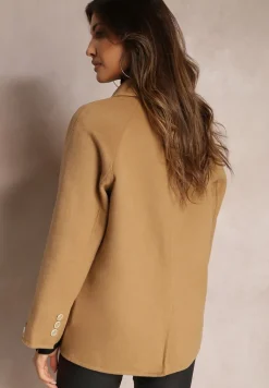 Beżowa Marynarka Wełniana o Dwurzędowym Fasonie Hand Made Dellia