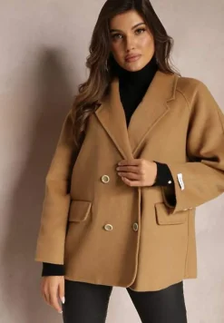 Beżowa Marynarka Wełniana o Dwurzędowym Fasonie Hand Made Dellia