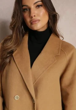 Beżowa Marynarka Wełniana o Dwurzędowym Fasonie Hand Made Dellia