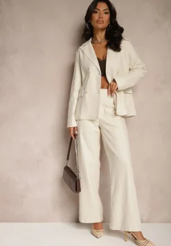 Beżowa Marynarka z Bawełną i Lnem o Kroju Dwurzędowym Fenolea