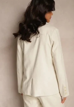 Beżowa Marynarka z Bawełną i Lnem o Kroju Dwurzędowym Fenolea