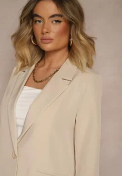 Beżowa Marynarka z Imitacją Kieszeni i Usztywnioną Linią Ramion Vivissea