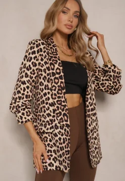 Beżowa Marynarka z Krótszymi Rękawami 3/4 w Panterkę Pudełkowa Tormille