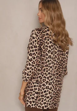 Beżowa Marynarka z Krótszymi Rękawami 3/4 w Panterkę Pudełkowa Tormille