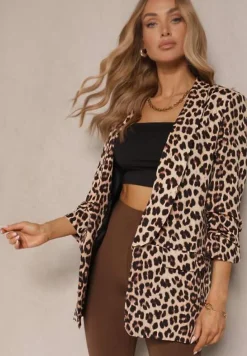 Beżowa Marynarka z Krótszymi Rękawami 3/4 w Panterkę Pudełkowa Tormille