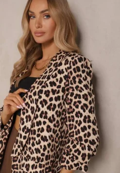 Beżowa Marynarka z Krótszymi Rękawami 3/4 w Panterkę Pudełkowa Tormille