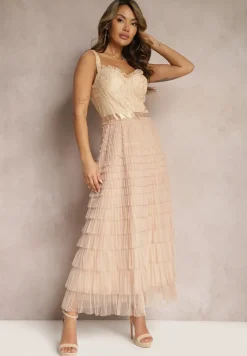 Beżowa Maxi Sukienka Rozkloszowana Sukienka na Ramiączkach z Gorsetową Górą Ocartia