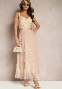 Beżowa Maxi Sukienka Rozkloszowana Sukienka na Ramiączkach z Gorsetową Górą Ocartia