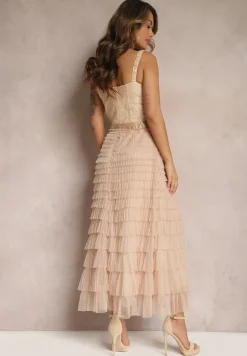 Beżowa Maxi Sukienka Rozkloszowana Sukienka na Ramiączkach z Gorsetową Górą Ocartia