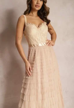 Beżowa Maxi Sukienka Rozkloszowana Sukienka na Ramiączkach z Gorsetową Górą Ocartia