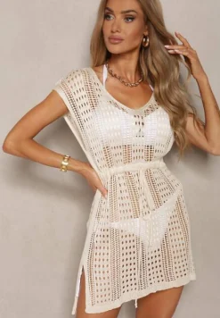 Beżowa Narzutka Sukienka Mini z Szydełkowej Tkaniny Ozdobiona Rozcięciami i Troczkiem w Pasie Bergamini