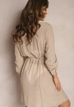 Beżowa Narzutka w Plażowym Stylu Wiązana na Sznurek z Chwostem Junivatta