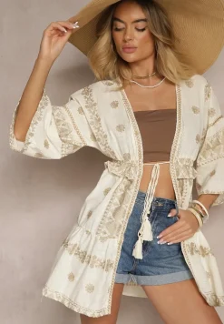 Beżowa Narzutka z Bawełną Wiskozą Haftem i Metaliczną Nicią Silhiria