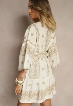 Beżowa Narzutka z Bawełną Wiskozą Haftem i Metaliczną Nicią Silhiria