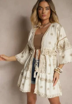 Beżowa Narzutka z Bawełną Wiskozą Haftem i Metaliczną Nicią Silhiria